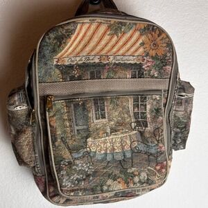 Tapestry Backpack French Cafe Scene Vintage Floral Print Outdoor Travel Bag